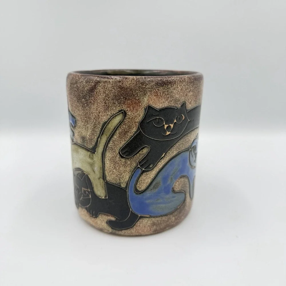 Mara Stoneware Pottery Mexico Cats Large Coffee Mug Cup Blue Signed 16oz - 4.5